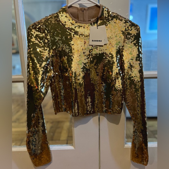 Sandro Sweaters - SANDRO Cropped knit sweater with gold sequins